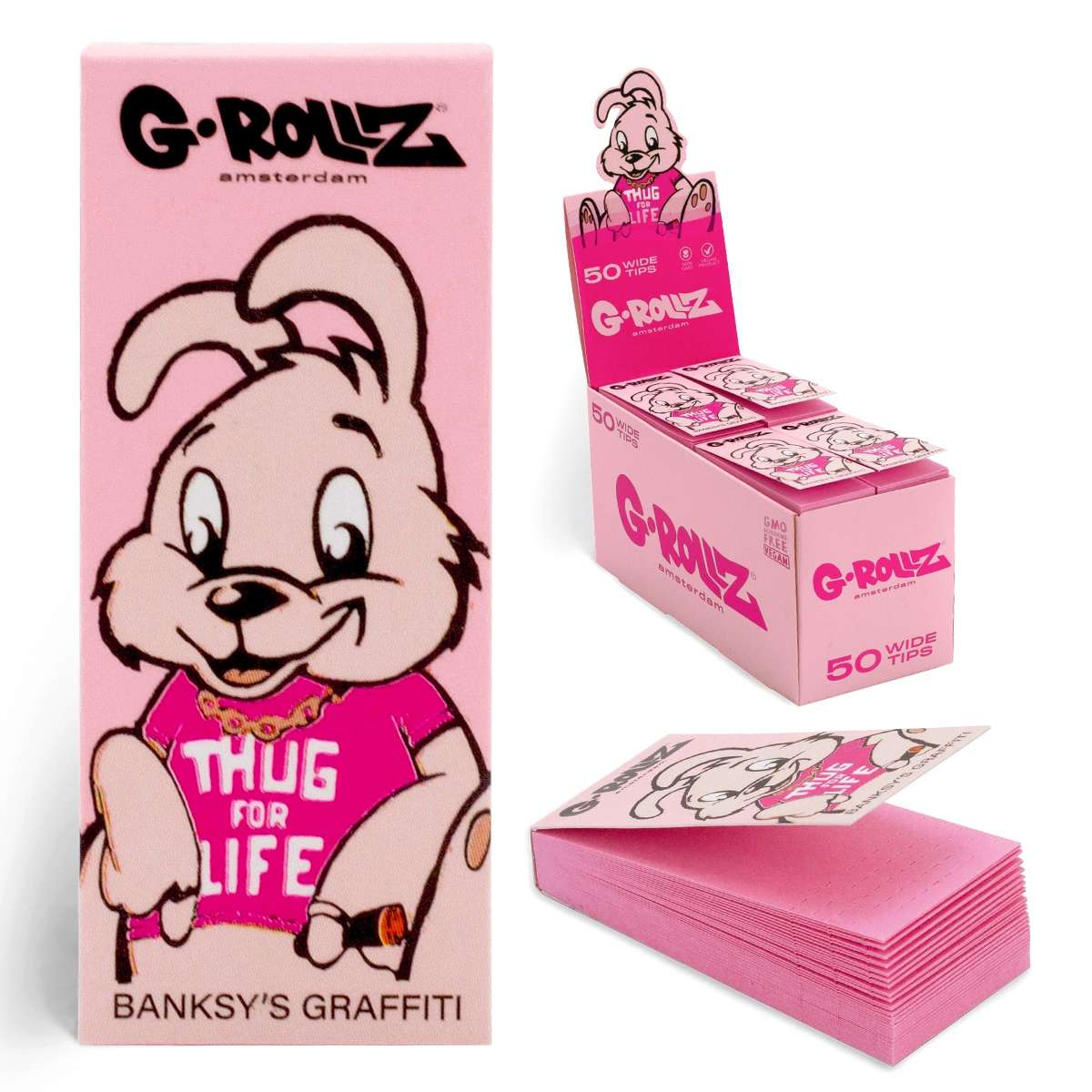 G-Rollz | Banksy's Graffiti 'Thug for Life' PINK Filter Tips 2,5 X 6cm 50 Tips Book